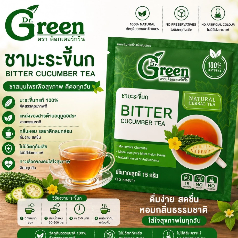Dr.Green: ชาสมุนไพรมะระขี้นก 100% 15 กรัม (Bitter Cucumber Tea) ตรา ด็อกเตอร์กรีน