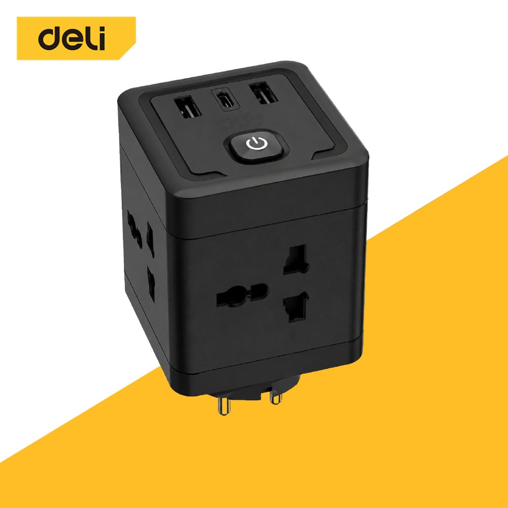 Deli หัวแปลงปลั๊กสากล อแดปเตอร์แปลง พร้อมสวิซต์เปิด-ปิด มีช่องเสียบ USB-A USB-C Socket USB Adapter