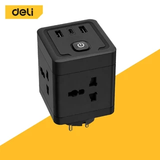 Deli หัวแปลงปลั๊กสากล อแดปเตอร์แปลง พร้อมสวิซต์เปิด-ปิด มีช่องเสียบ USB-A USB-C Socket USB Adapter