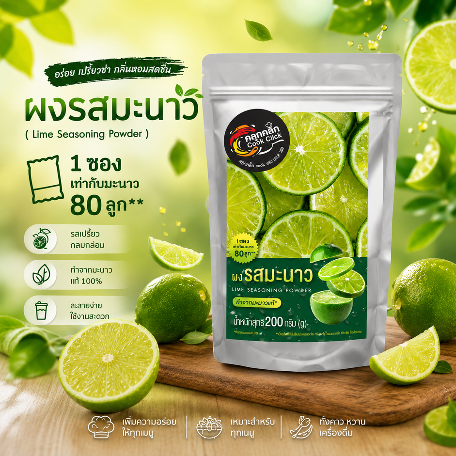 คลุกคลิก ผงรสมะนาว ผงมะนาว ใช้แทนมะนาวสดได้ ใช้ปรุงอาหาร เบเกอรี่ เครื่องดื่ม