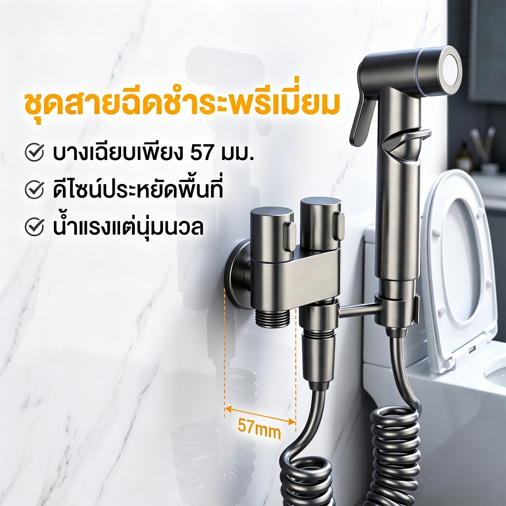 ชุดหัวฉีดชำระแรงดันสูง วาล์วน้ำ 2 ทาง ควบคุมอิสระ สายสปริง 2 เมตร สีเทากันเมทัล อุปกรณ์ห้องน้ำ