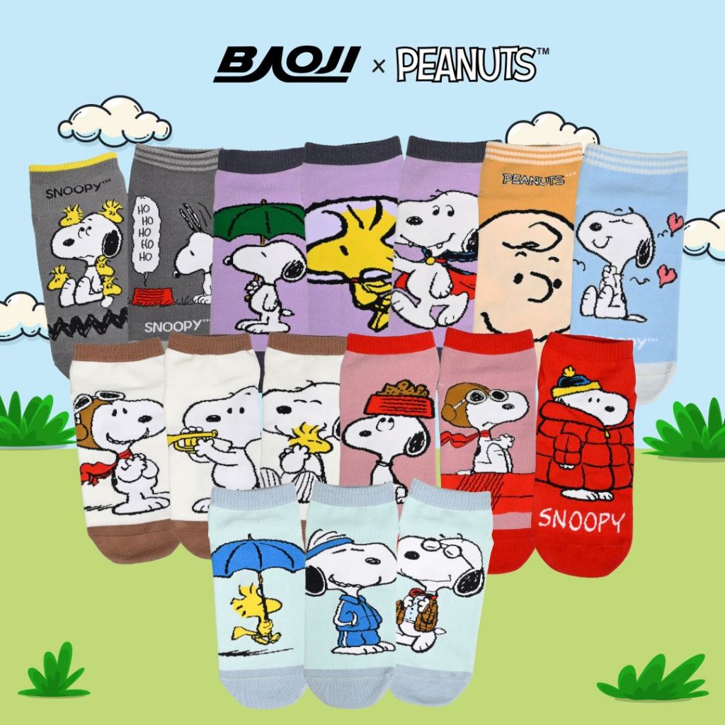 (ของแถม) BAOJI บาโอจิ ถุงเท้าหุ้มข้อ ผู้ชายและผู้หญิง รุ่น BAOJIxPEANUTS ลายลิขสิทธิ์แท้สนูปี้