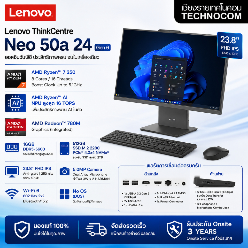 คอมพิวเตอร์ All-in-One LENOVO THINKCENTRE NEO 55A 24 GEN 6 AIO PC R7 250 RAM 16GB SSD 512GB M.2 23.8