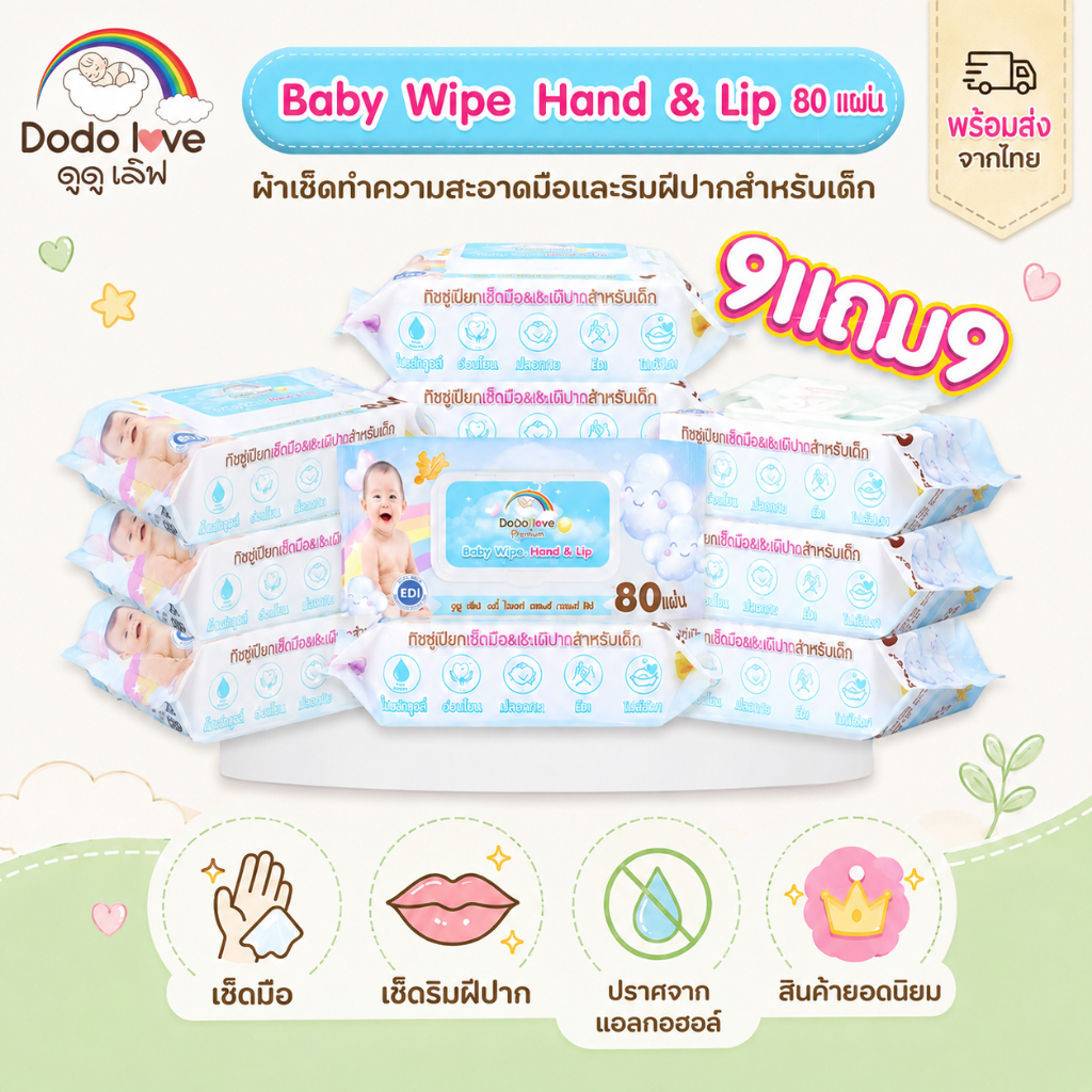 ซื้อ 9 แถม 9  ทิชชู่เปียก DoDolove เบบี้ ไวพส์ แฮนด์ แอนด์ ลิป ทิชชู่เปียกยกลัง ทิชชู่สำหรับเด็ก พร้อมส่ง เช็ดปากได้