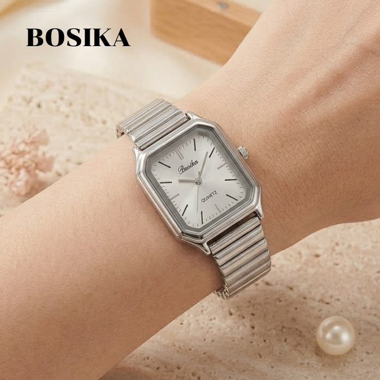 BOSIKA นาฬิกาข้อมือผู้หญิง ทรงเหลี่ยม ดีไซน์สไตล์ลักชูรี ปรับระดับได้ ไม่ต้องตัดสาย