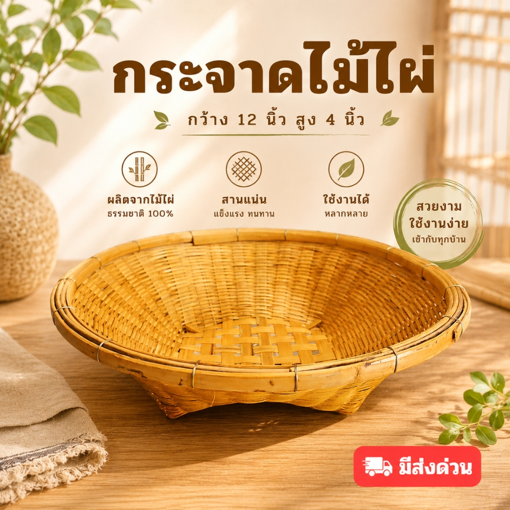กระจาดไม้ไผ่สาน 12 นิ้ว สูง 4 นิ้ว งานแฮนด์เมด แข็งแรง ทนทาน ใช้งานอเนกประสงค์ (กระจาด12นิ้ว)