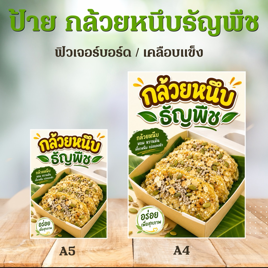 (ป้ายด่วน) ป้าย กล้วยหนึบธัญพืช ขนาด A5/A4  ป้ายฟิวเจอร์บอร์ดไดคัท / เคลือบแข็ง สะดวกสำหรับตั้งหน้าร้าน