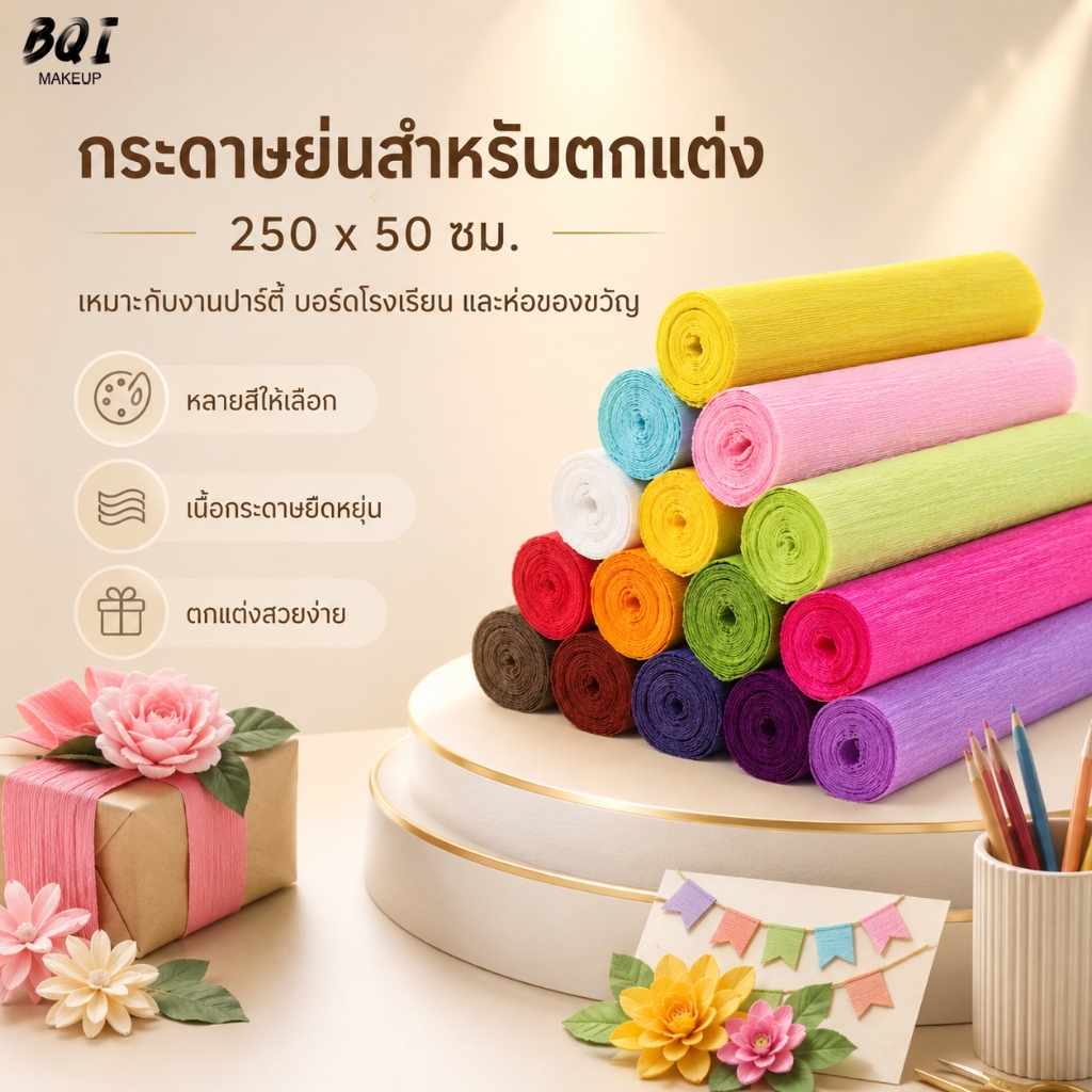 กระดาษย่น กระดาษเครปม้วน 50x250 ซม. สีสันสดใส สำหรับงานประดิษฐ์ DIY ทำดอกไม้ ห่อของขวัญ