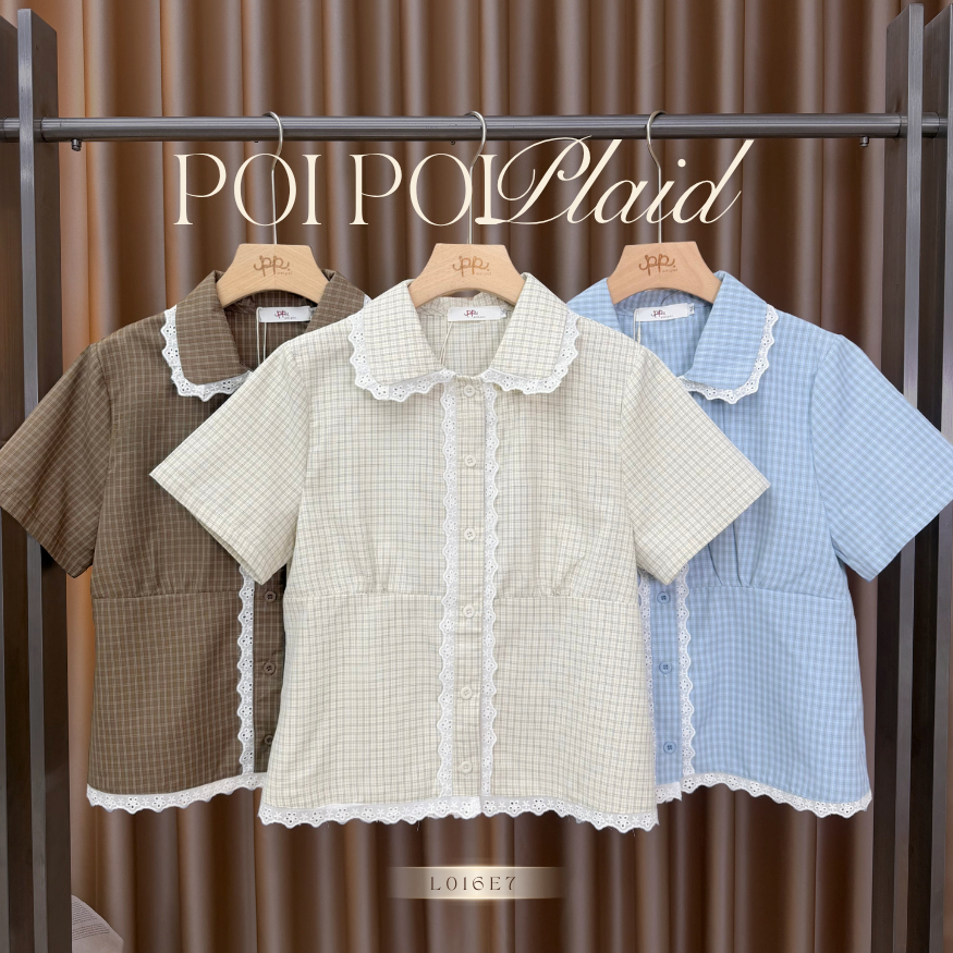 POI เสื้อคอปกลายสก็อตปักแต่งลูกไม้นิ่่มด้านหน้า L016E7