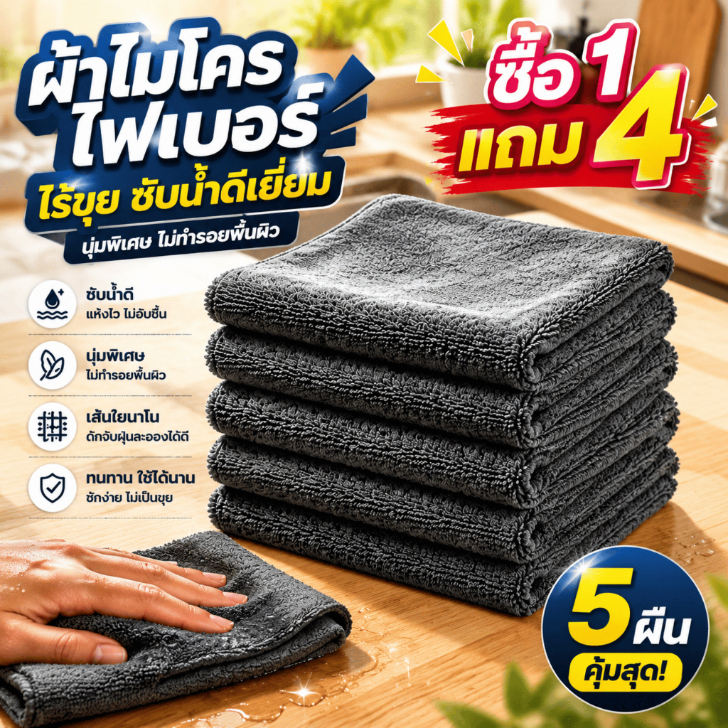  🔥ซื้อ1แถม4🔥40X40 ผ้าเช็ดรถ ผ้าขนหนูหนังนิ่ม ผ้าเช็ดทำสะอาด ผ้าขนหนูหนังนิ่ม หนา นุ่ม ดูดซับได้ดี เช็ดรถ บ้านๆ