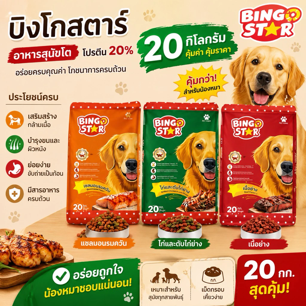 อาหารสุนัขโต บิงโกสตาร์ ขนาด20kg โปรตีน20%