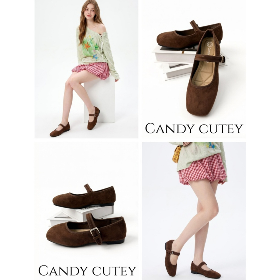 Candy Cutey รองเท้าแมรี่เจนสไตล์เกาหลี ผ้าซูเอดนุ่ม เบาะรองนุ่มสบาย ใส่สบายทั้งวัน สไตล์เรียบง่ายน่ารัก