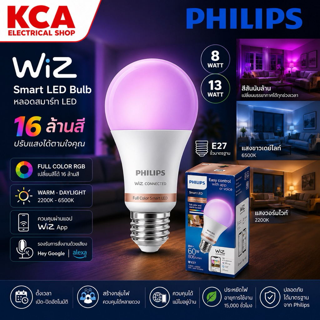 Philips WiZ Smart LED 8W 13W ขั้วE27 16 ล้านเฉดสี ((กล่องยับบ้าง))
