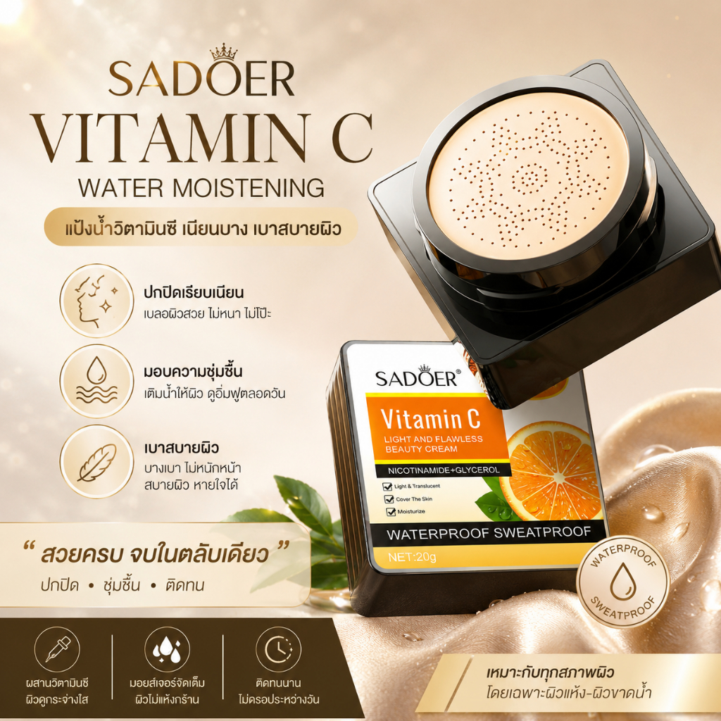 [คุชชั่นบีบี วิตามินซี SADOER พร้อมแปรงหัวเห็ด] รองพื้น คุชชั่นผสมรองพื้น กันเหงื่อ กันน้ำ เนื้อแป้งบางเบา ช่วยปกปิด