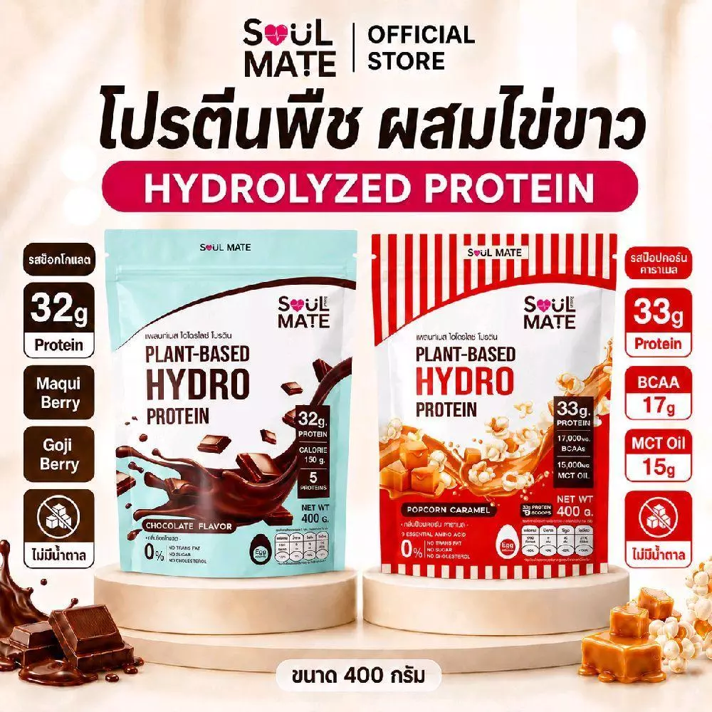 Soulmate Protein Hydrolyzed โซลเมท โปรตีน ไฮโดรไลซ์ | โปรตีนพืชผสมไข่ขาว [400 G]