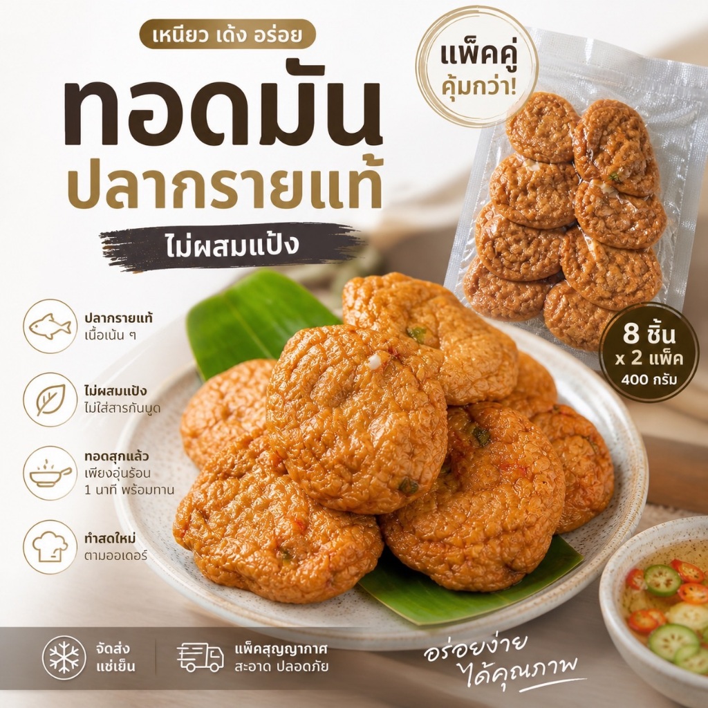 ทอดมันปลากรายทอดแล้ว พร้อมทาน 8 ชิ้น (200 กรัม) ปลาแท้ 100% ไม่ผสมแป้ง ไม่ใส่สารกันบูด