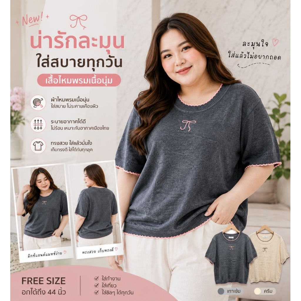 เสื้อไหมพรม over size ทอลายฉลุแต่งขอบหยักทูโทน ปักโบว์