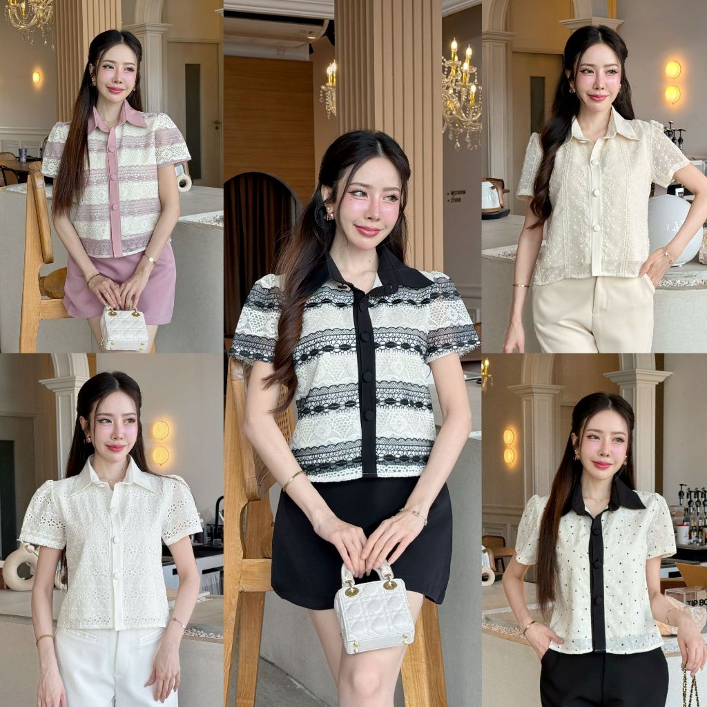 [S-XXL] เสื้อคอปกครอปทูโทนผ้าปักพรีเมี่ยมมีซับใน