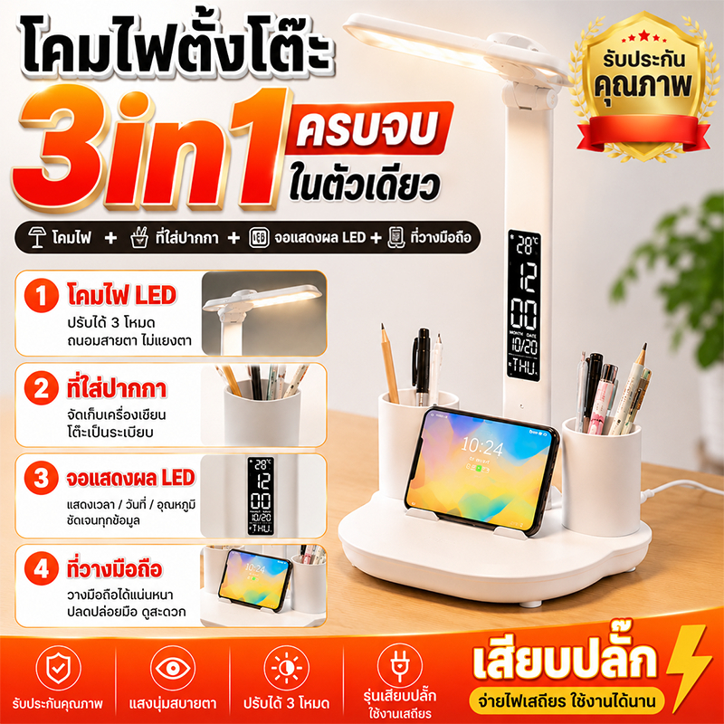 โคมไฟตั้งโต๊ะสองหัว LED ถนอมสายตา ปรับแสง3โหมด มีจอเวลา+ที่ใส่ปากกา สำหรับเด็กเรียนอ่านหนังสือ