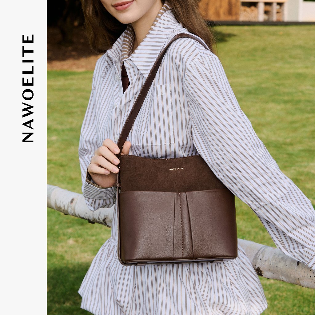 NAWOELITE สไตล์ผู้หญิงพื้นฐาน วัสดุPU Cocoa bag กระเป๋าผู้หญิงที่สามารถสะพายข้างหรือสะพายไหล่ได้ กระเป๋าทรง Bucket Bag