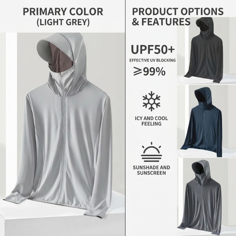 เสื้อกันแดด มีหมวกบังแดด กระบังหน้า ผ้าไอซ์ซิ่ง เบา ระบายอากาศ กันรังสีUV ใส่ขี่มอเตอร์ไซค์ได้