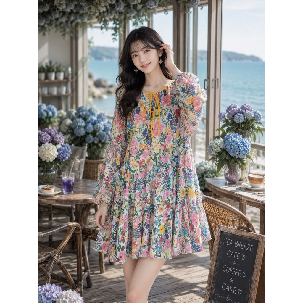 🌈🌿🌺🌸🌼🤍🩷💚🇰🇷Floral Sakura Long Sleeve Dress