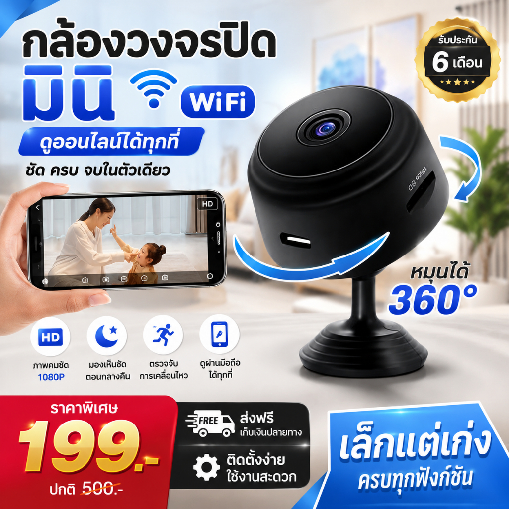 กล้องวงจรปิดมินไร้สาย ไม่ต้องใช้ไฟฟ้า ติดตั้งง่าย ดูผ่านมือถือได้ คมชัด 1080P