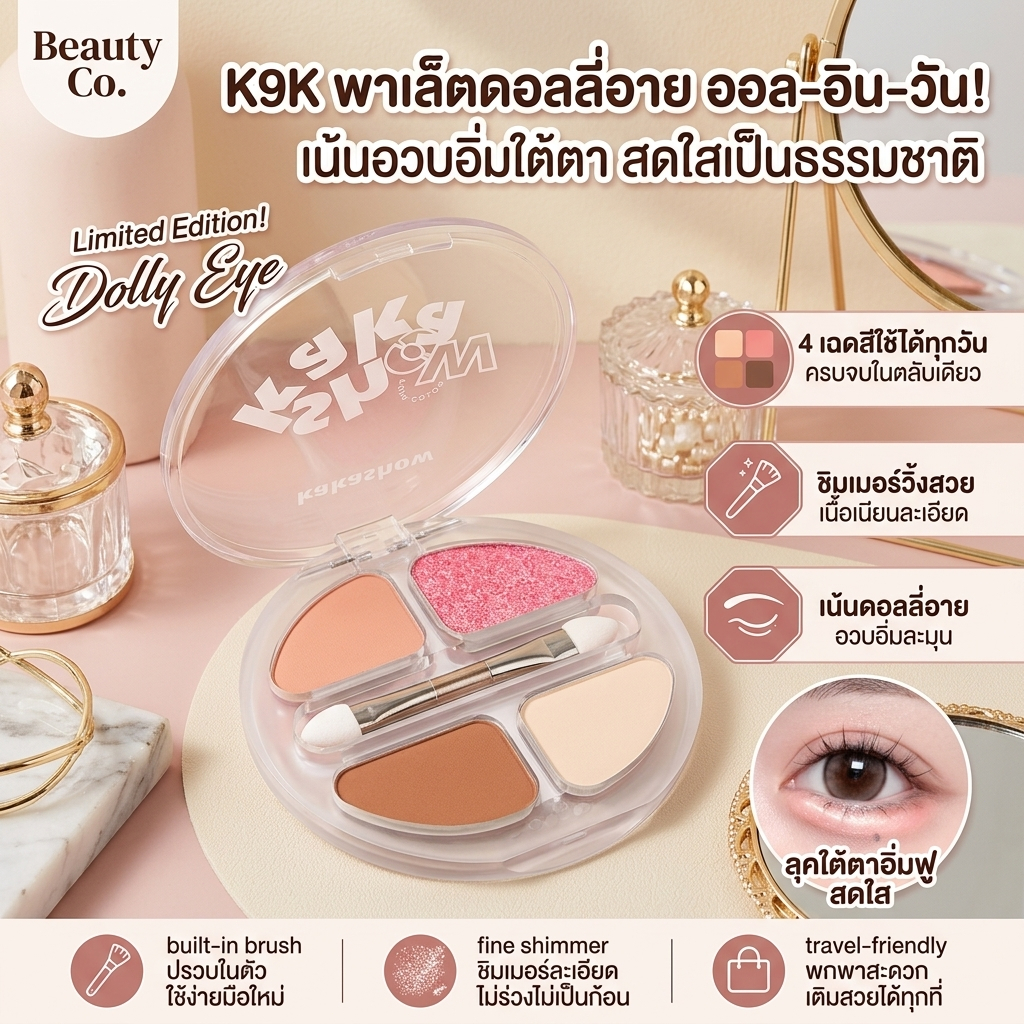 Kakashow พาเลตตาดอลลี่อาย อายแชโดว์ 4 สี ครบทั้งไฮไลต์และสร้างเงา ตาหวานละมุน สไตล์เกาหลี ติดทนนาน