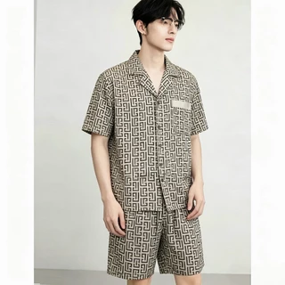 ชุดนอนสไตล์พรีเมียมเสื้อเชิ้ตมีลายพิมพ์ สวมข้างนอกได้ ผ้าไหมอิตาลี สบายผิว ระบายอากาศ ไม่อึดอัด ดูหรูหรา