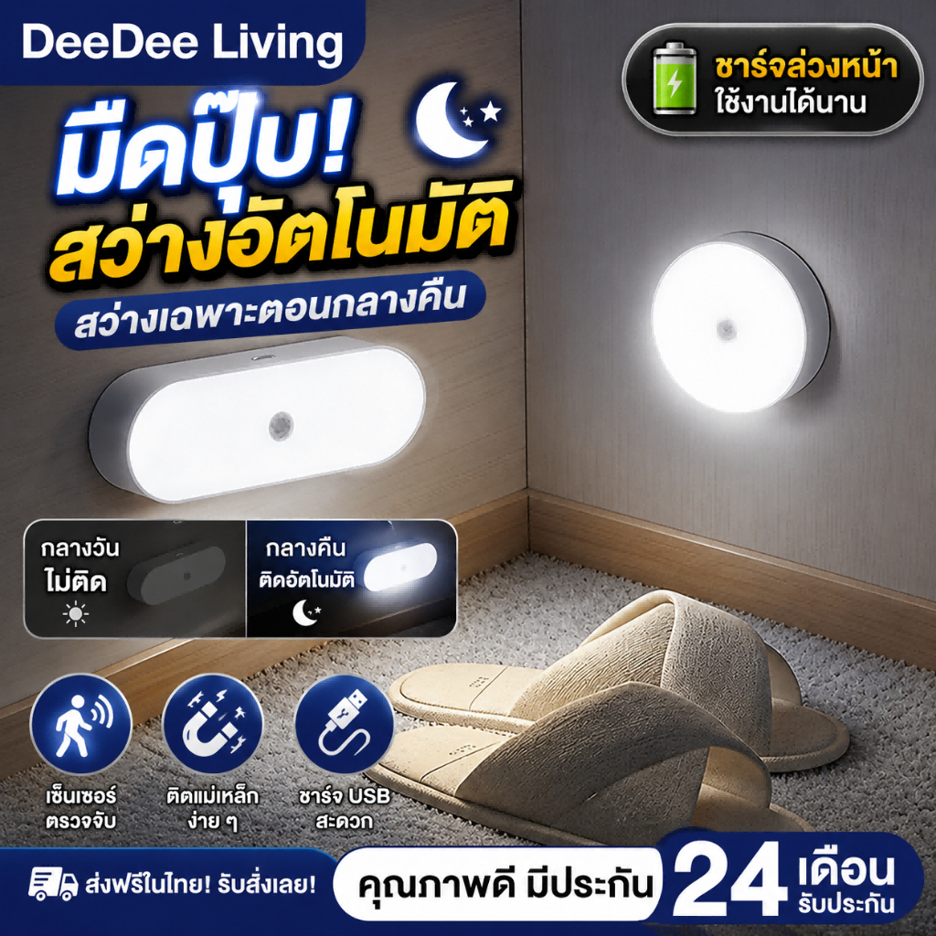 DeeDee คมไฟหัวเตียง ยึดผนังด้วยแม่เหล็ก ไฟกลางคืนเซ็นเซอร์ ไฟเซ็นเซอร์ ไฟเซ็นเซอร์อัตโนมัติ โคมไฟ LED ชาร์จ USB แบบพกพา