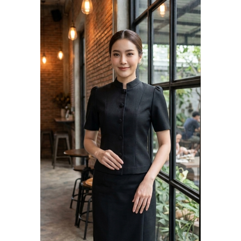 เสื้อผ้าฝ้ายลินินจิตรลดาแขนสั้นสีดำ (ป11)
