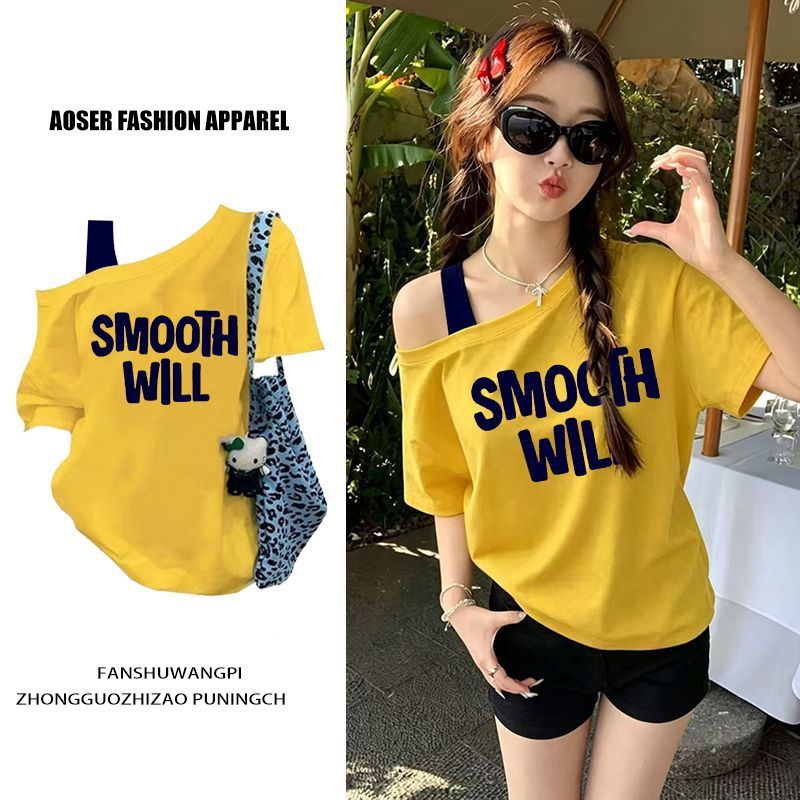 เสื้อไหล่ตกสีเหลือง ลาย SMOOTH WILL สไตล์เกาหลี โพลีเอสเตอร์โอเวอร์ไซส์ ใส่สบาย เปิดไหล่เซ็กซี่ แฟชั่น summer ตัวเด่น