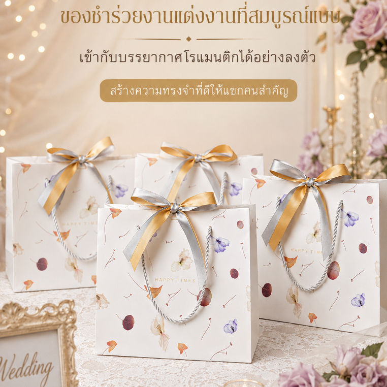 ถุงกระดาษของขวัญลายดอกไม้แห้งดีไซน์หรู หูเชือกริบบิ้นคู่เนื้อผ้าดี มี4ขนาดให้เลือก เหมาะสำหรับของชำร่วย ไหว้เจ้า งานแต่ง