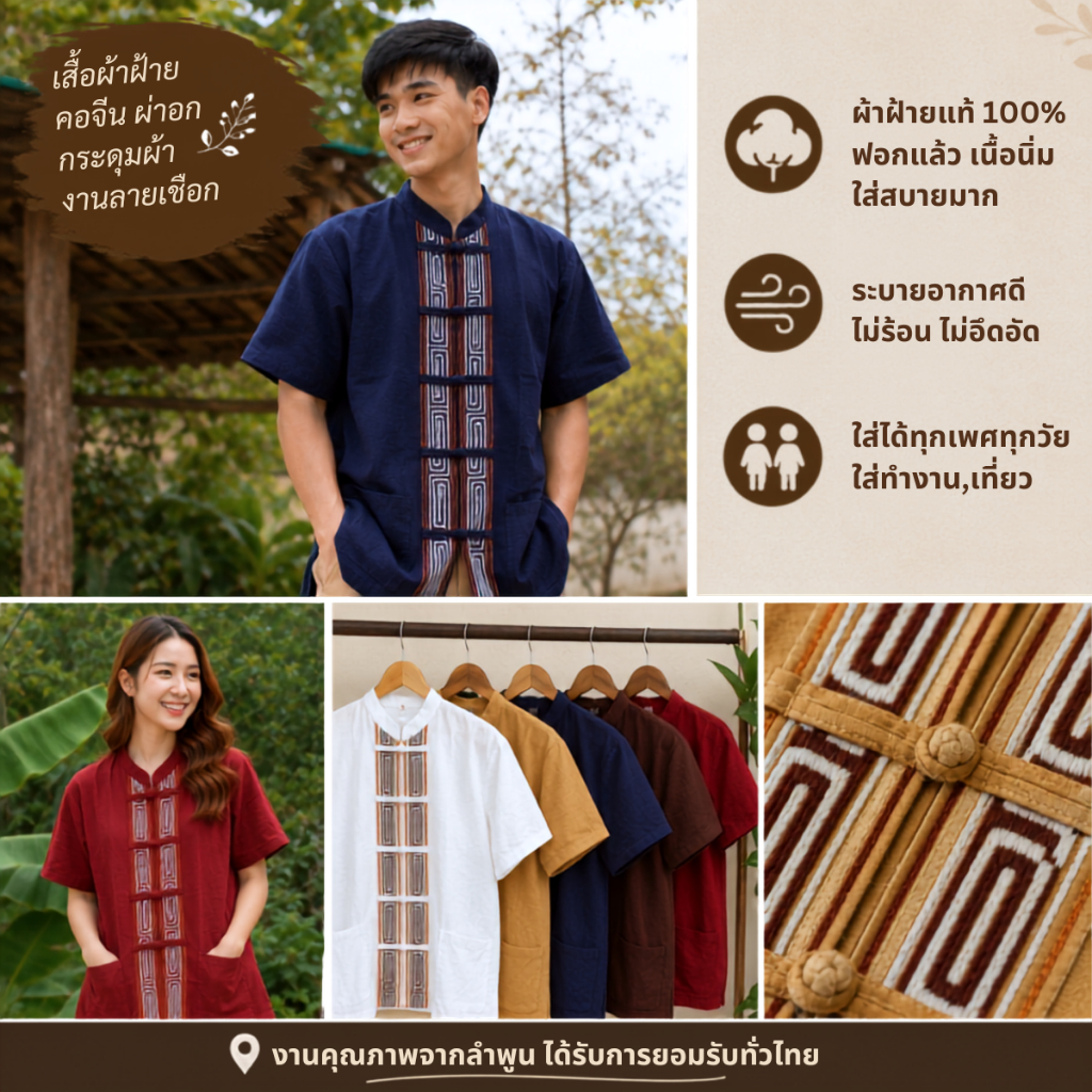 เสื้อผ้าฝ้ายคอจีน แต่งลายเชือก กระดุมผ้า (ใส่ได้ทั้งชาย-หญิง) เสื้อพื้นเมืองลำพูน ผ้าฝ้ายฟอกนุ่ม แขนสั้น