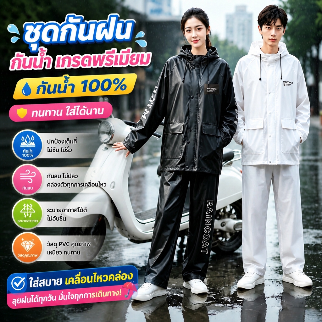 สินค้าฮิตในไทย💥กันน้ำ 100% ชุดเสื้อกันฝน มีแถบสะท้อนแสง ติดหมวก พรีเมี่ยม ชุดกันฝน นน้ํา เสื้อกันฝนแบบสองชิ้น หนาขึ้น