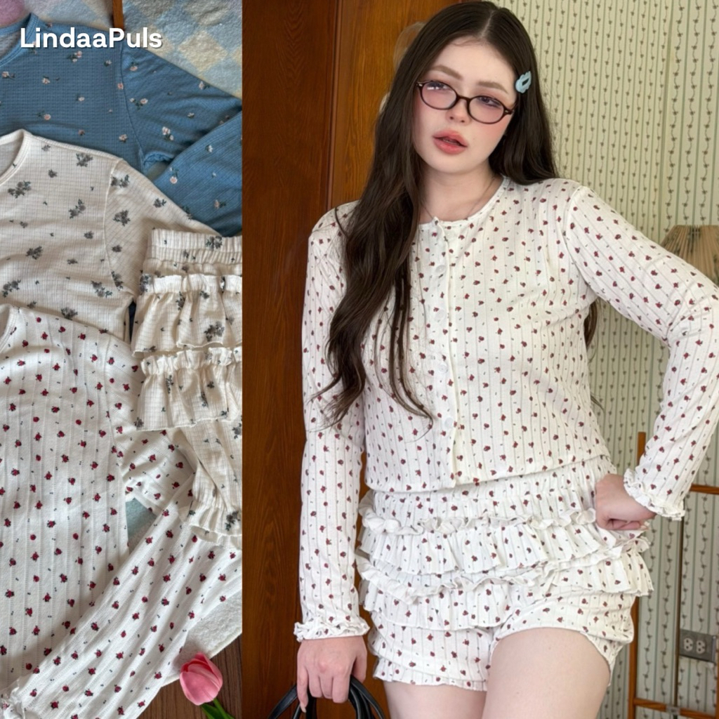 LindaaPlus-- ชุดเซ็ตเสื้อ+กางเกงดอกไม้ 2 ชิ้นสาวอวบอ้วน 🌷✨ เนื้อผ้าฉลุปริ้นลายดอกไม้ เนื้อนิ่ม ยืด ใส่สบาย ใส่ได้บ่อย