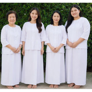 ชุดปฎิบัติธรรมผ้าฝ้ายโทเรสีขาวนวล (เสื้อ+ผ้าถุงเอวยืด) ชุดขาว ชุดทำบุญ ชุดนั่งสมาธิ สีขาวนม