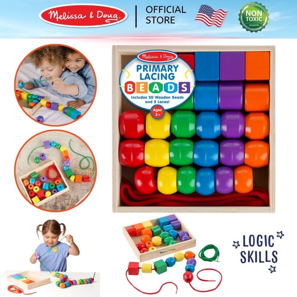 (ของแท้ USA) ของเล่นร้อยเชือก สี รูปทรง ลูกปัดขนาดใหญ่  Primary Lacing Beads Melissa & Doug ของเล่นเด็ก มอนเตสซอรี่  544