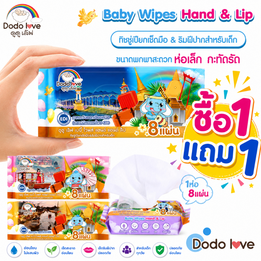 1แถม 1  รวม 2 แพ็ค 16 ห่อ  ดูดู เลิฟ เบบี้ ไวพส์ แฮนด์ แอนด์ ลิป ทิชชู่เปียก 8 แผ่น ขนาดพกพา  ทิชชู่พกพก ทิชชู่ห่อเล็ก