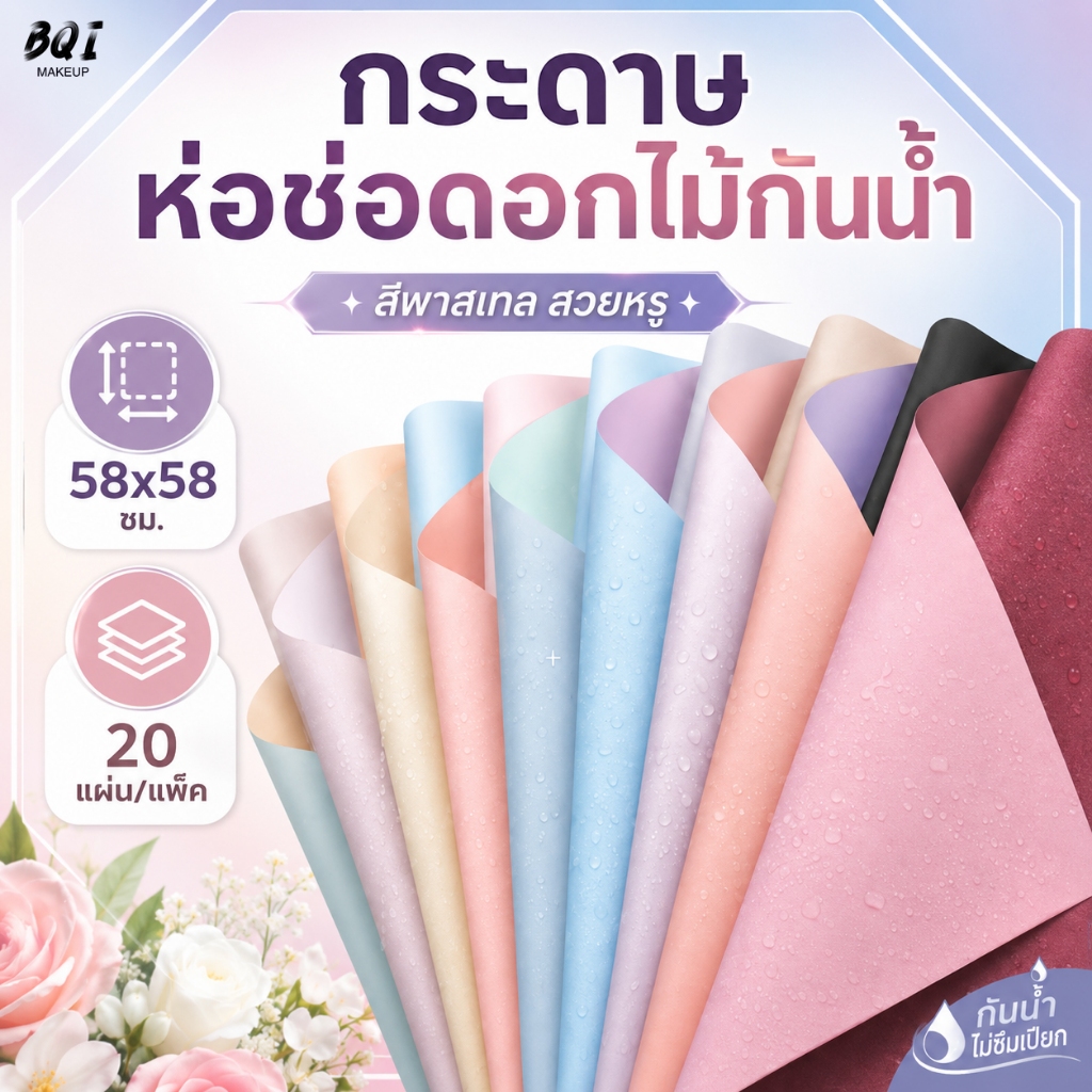 กระดาษห่อดอกไม้กันน้ำ 58x58 ซม. แพ็ค 20 แผ่น สีพาสเทล กระดาษห่อช่อดอกไม้พรีเมียม