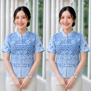 เสื้อคอจีน 5กระดุมมุก ลายไทยประยุกต์ (5สี)