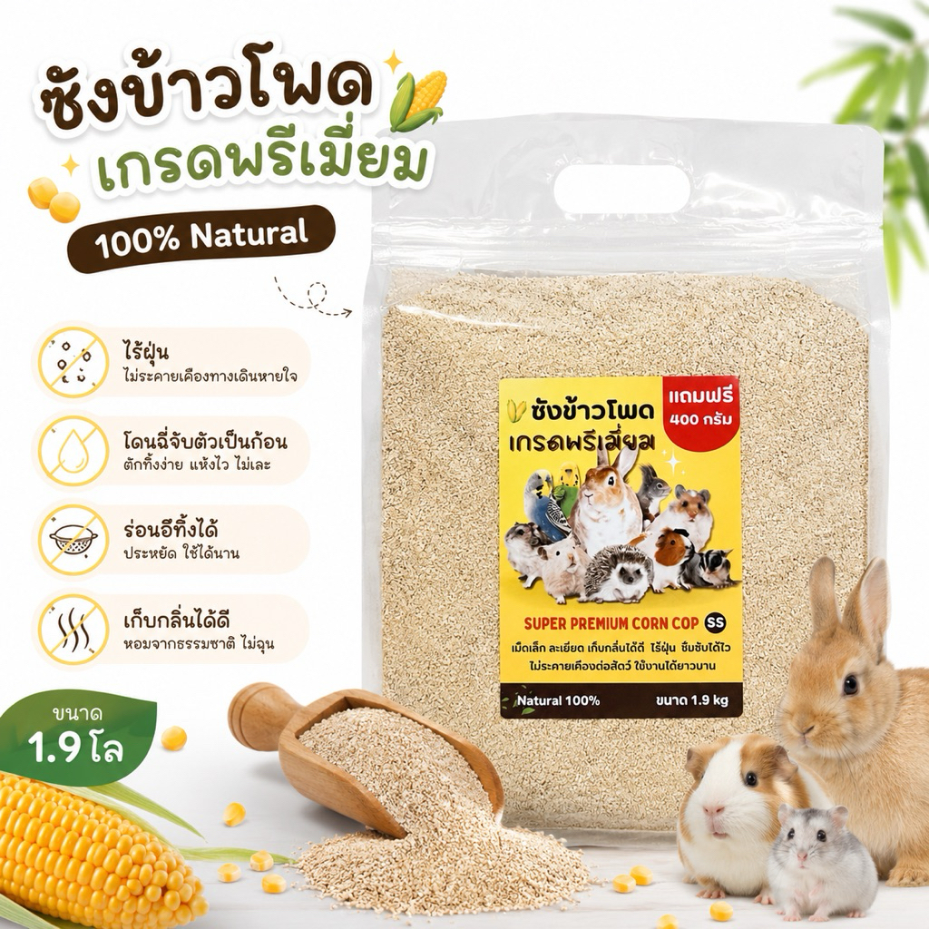 วัสดุรองกรงซังข้าวโพด ขนาด1,9kg SS สำหรับสัตว์เล็ก ไร้ฝุ่น ดูดซับกลิ่นดีเยี่ยม
