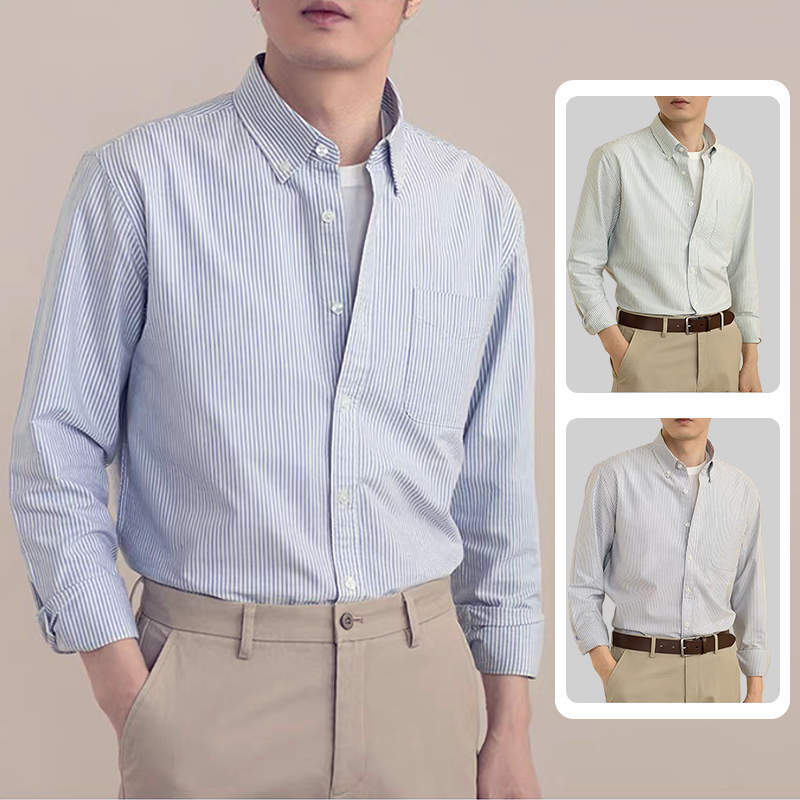 เสื้อเชิ้ตผู้ชายแขนยาว รุ่นริ้วเล็ก เชิ้ตคอปก ผ้า OXFORD หลากสี เสิ้อเชิ้ตทำงานผู้ชาย ﻿ หนานุ่ม ใส่สบาย ทนทาน