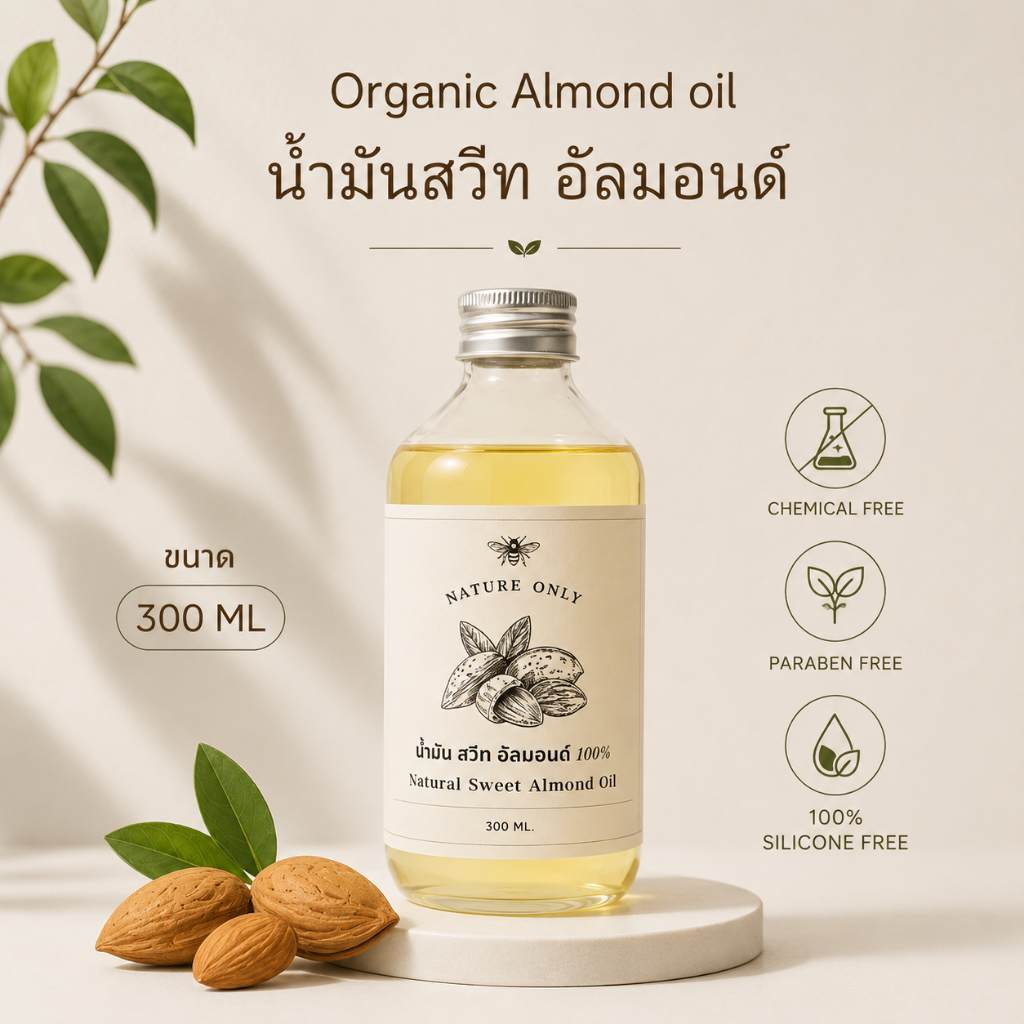 น้ำมันอัลมอนด์ ธรรมชาติ 100% Sweet Almond Oil ขนาด 300 มล. ใช้บำรุงผม บำรุงผิว ไม่มีสารเคมีอันตรายใดๆ