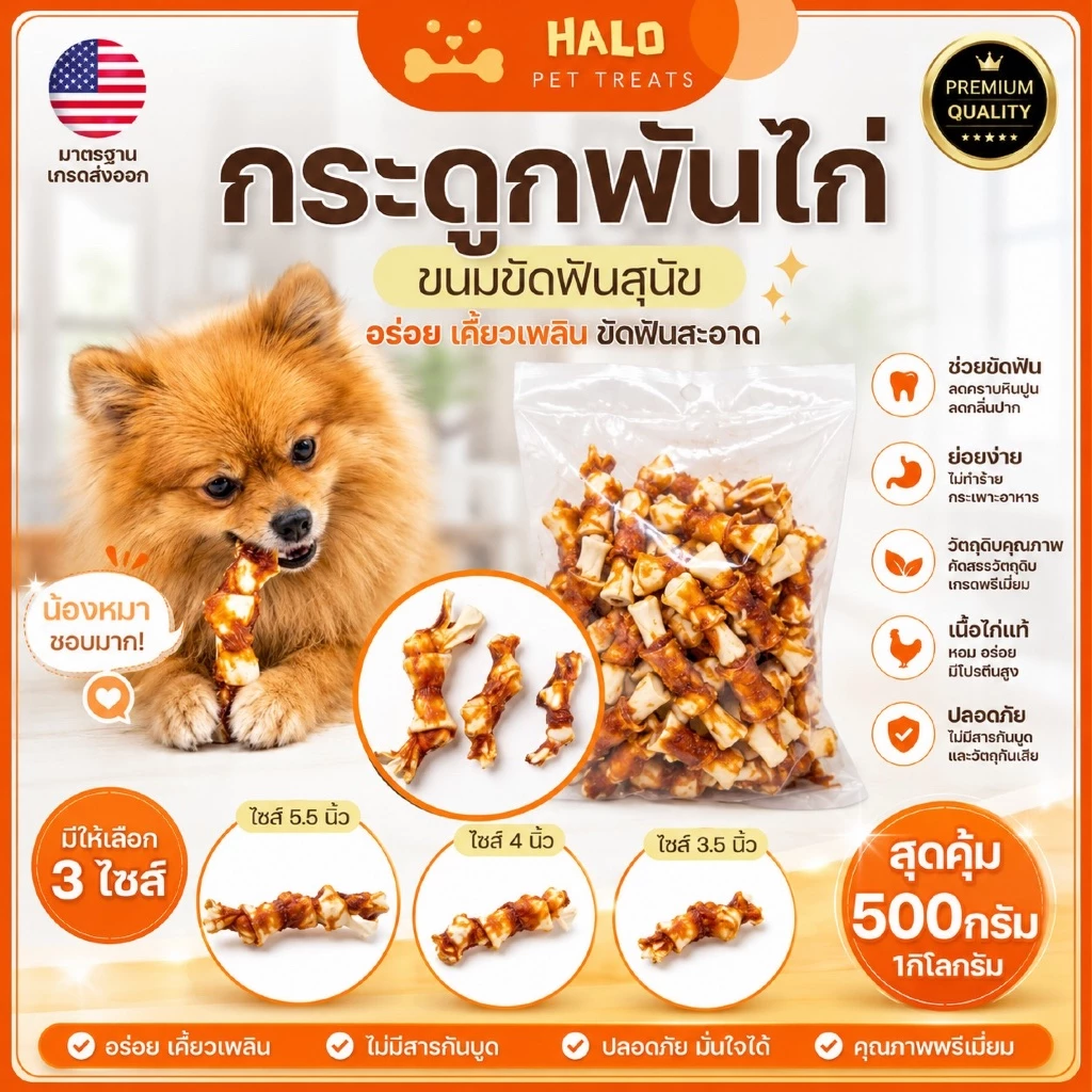HALO ขนมขัดฟันสุนัข กระดูกพันไก่ (ขนาด 3 - 5.5 นิ้ว) ไก่แท้100% โปรตีนสูง เสริมสร้างกล้ามเนื้อ