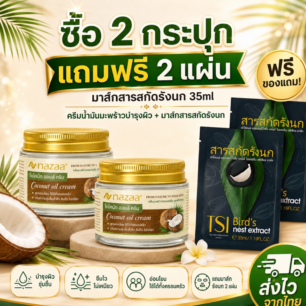 NAZAA Coconut Oil Cream ครีมมะพร้าว บำรุงผิวแห้งแตก มือ เท้า ข้อศอก ชุ่มชื้น ซึมเร็ว ไม่เหนียว Vitamin E