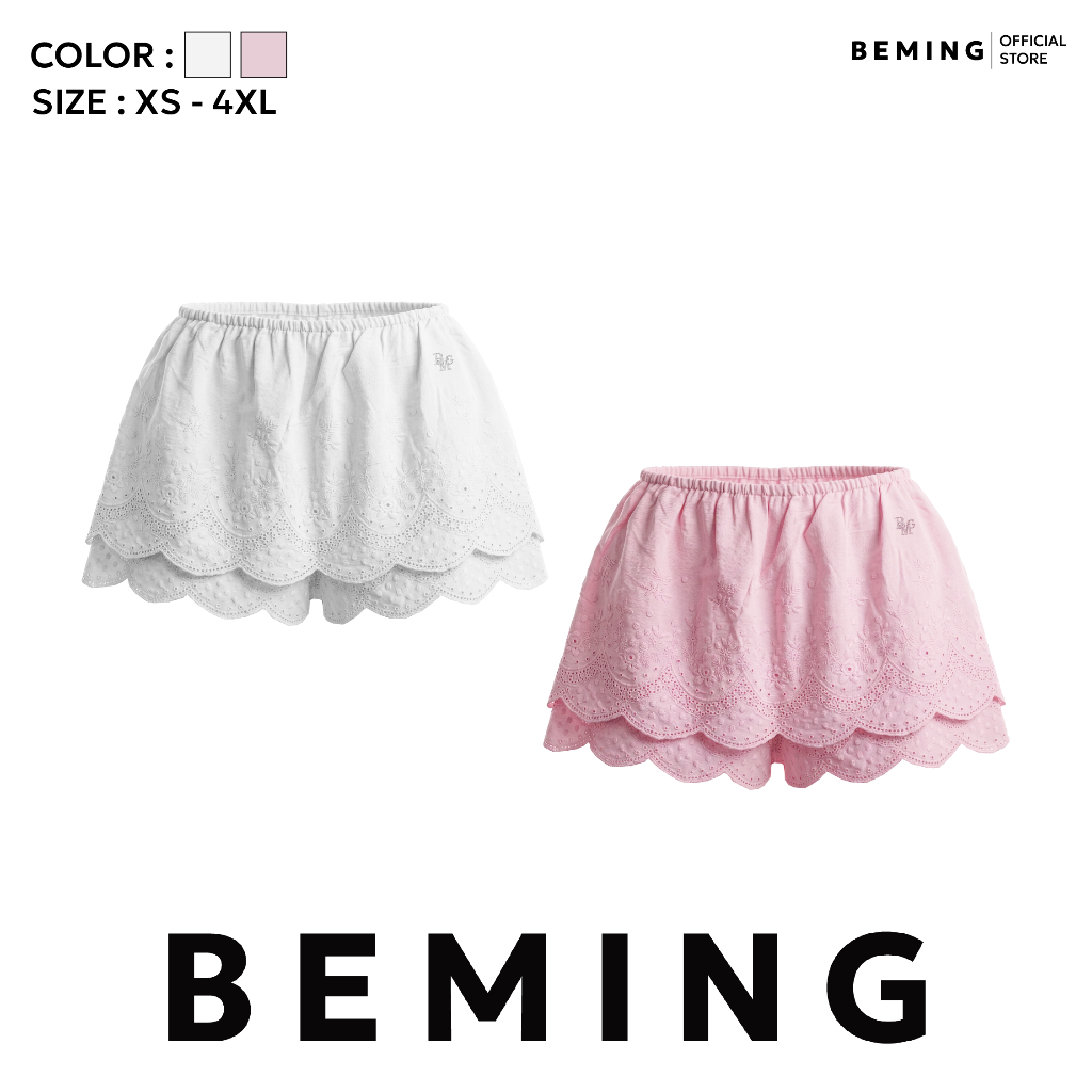 Bemingshorts058(XS-4XL)-Mandy Shorts - กางเกงกระโปรงดีไซน์เลเยอร์แต่งลายฉลุและขอบหยักรอบตัว
