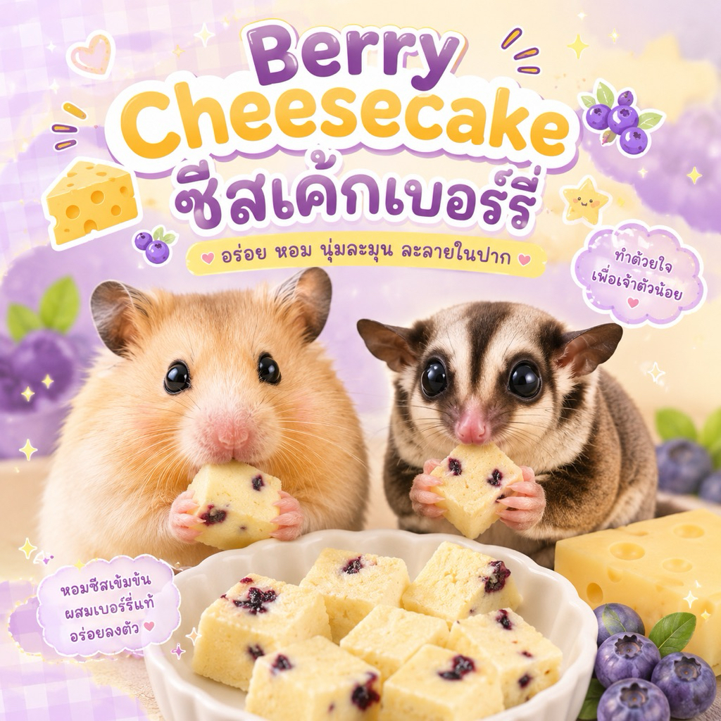ชีสเค้กเบอร์รี่ หอม อร่อย ❌แบ่งขาย❌ 1ห่อ2ชิ้น เหมาะสำหรับ แฮมเตอร์,ชูก้าร์ และสัตว์เล็ก