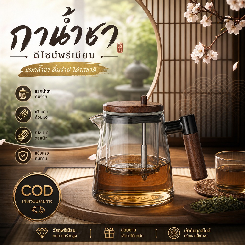 กาน้ำชาแก้วบอโรซิลิเกต ทนความร้อน แบบกดแยกกากชา ขนาด 650 มล