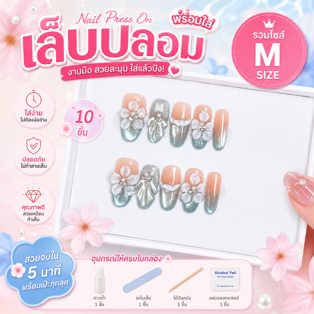 เล็บปลอมเจลแท้ งานฝีมืออะไหล่ 10 ชิ้น เล็บปลอมไซส์ M สีเจล PVC งานลูกแก้ว Cat eye คริสตัล แฟชั่น สั้นกุด ทรงยาว พร้อมกาว